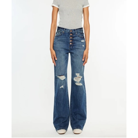 KanCan 90's Flare 3/25 Distressed Ripped Wide Leg Button Fly Hi Rise Jeans - Picture 1 of 13